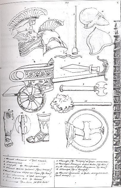 Рисунки вооружения древних греков в Книге всякой всячины, или подручной Энциклопедии Н В Гоголя